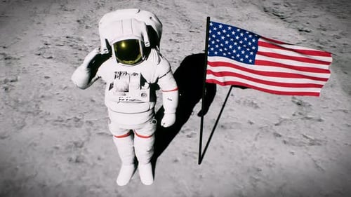 Astronaut Saluting American Flag on Moon with Earth View