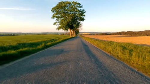 Car driving in spring time in rural countryside