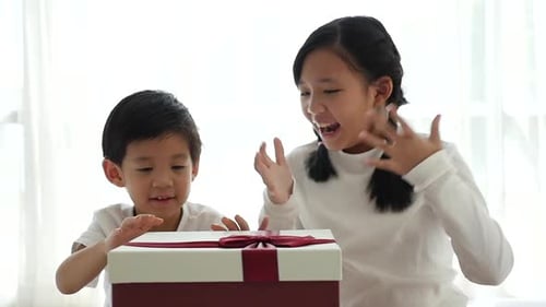Children Excitedly Opening Birthday Gift Together