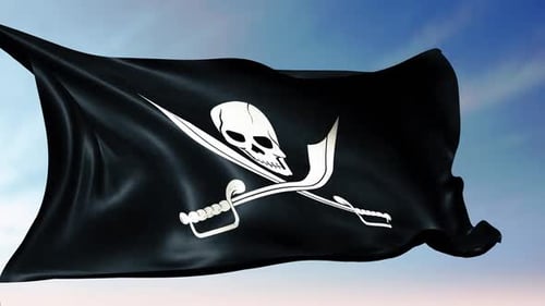 Waving Jolly Roger Pirate Flag on Blue Sky Background