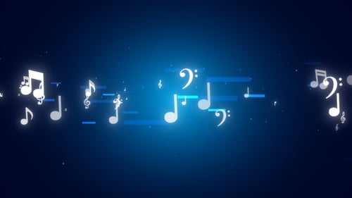 Glowing Musical Notes and Symbols Flowing on Blue Background