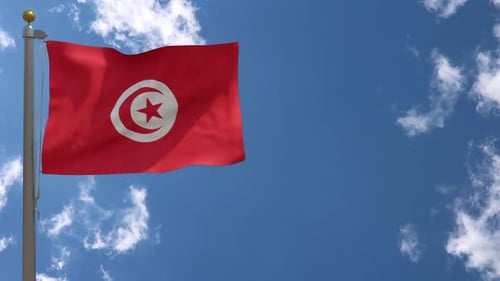 Realistic Tunisia Flag Waving on Flagpole Against Blue Sky