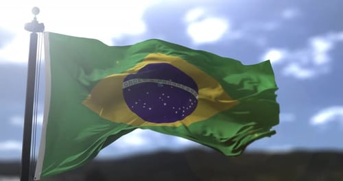 Waving Brazilian Flag Under Sunny Sky 3D Animation
