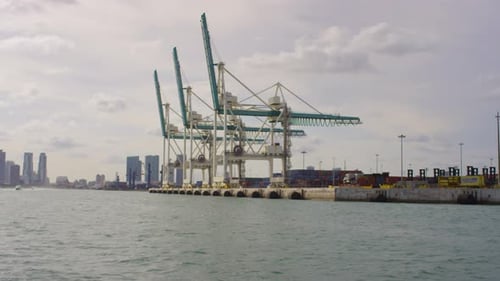 View of Miami Port with cargo cranes