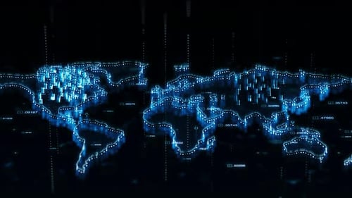 Futuristic Digital World Map with Global Data Network Animation