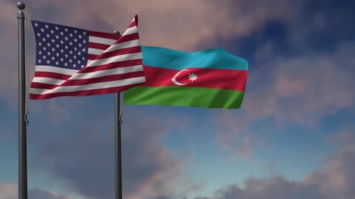 Waving United States and Azerbaijan Flags on Flagpoles