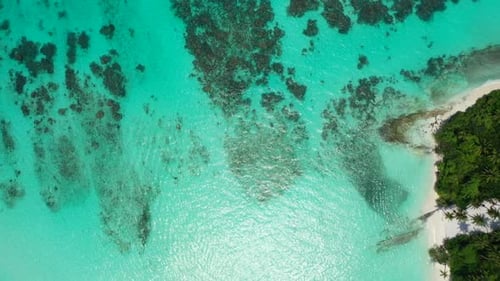 Aerial drone shot travel of tropical coast beach holiday by blue ocean with white sandy background o