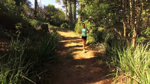 Woman jogging on forest path