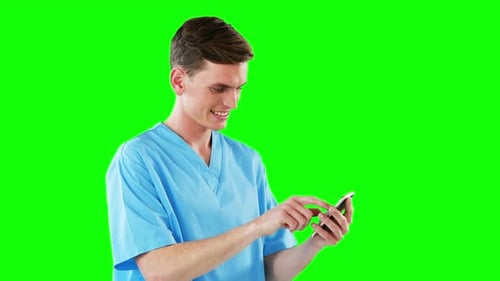 Medical Professional Using a Mobile Phone, Green Screen