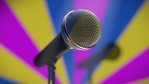 Music Microphone on the Stage Karaoke Bar Against a Colorful Retro Background