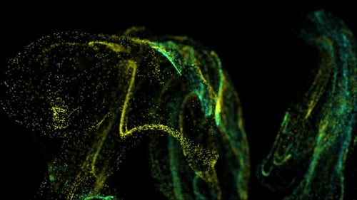 Dynamic Fluid Particle Swirl with Green and Yellow Colors