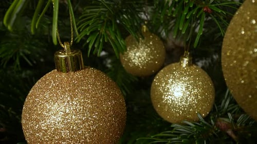 Gold Christmas Ornaments on a Green Tree