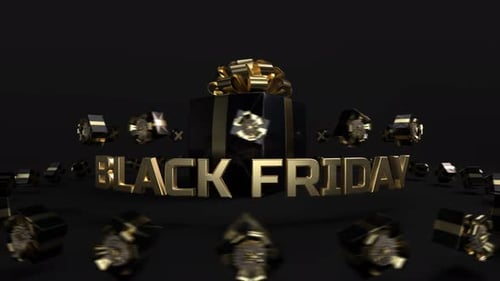 Black Friday Sale Text with Elegant Golden Gift Boxes Animation