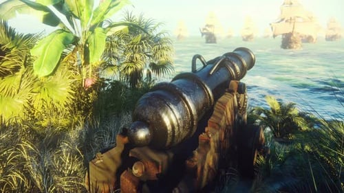 Old Cannon on Tropical Island Coastline with Pirate Ships Sailing
