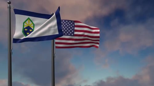 Waving US and Boulder Colorado Flags Against a Cloudy Sky