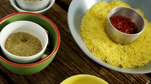Close up of colorful spices and rice