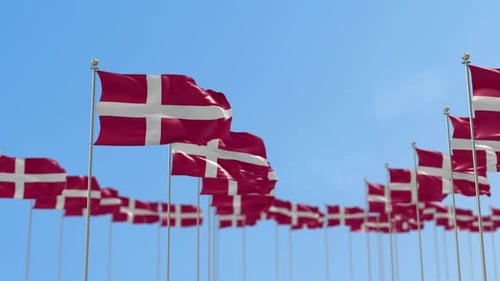 Realistic Denmark Flags Waving against Blue Sky