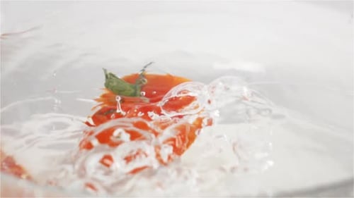 Une seule tomate rouge mûre aux feuilles vertes tombe sous l'eau