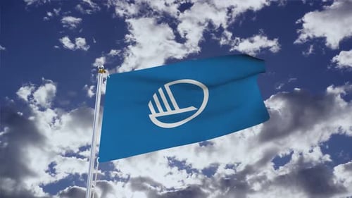 Blue Flag Waving with Abstract Corporate Logo in Cloudy Sky
