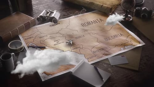 Animated Vintage World Map with Flying Airplane and Location Pin