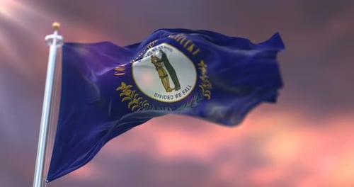 Kentucky State Flag Waving with Lens Flare in Cloudy Sky