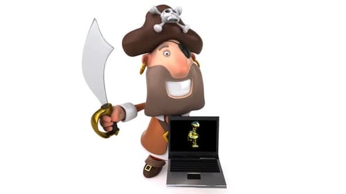 Animated 3D Pirate with Laptop and Cybersecurity Skull Icon