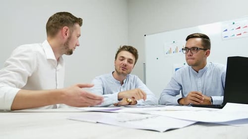Collective of Office Workers Discuss a Project, Businessmen Working with Documents, Graphs and