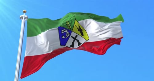 Realistic Waving Flag with Green White Red Stripes and Coat of Arms