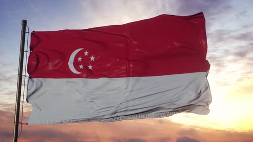Realistic Singapore National Flag Waving Against a Beautiful Sunset Sky