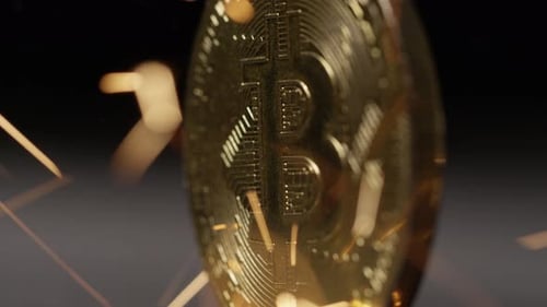 Kryptowährung in der Blockchain - Nahaufnahme von physischen Bitcoin-Altcoin-Münzen in dynamischer Umgebung