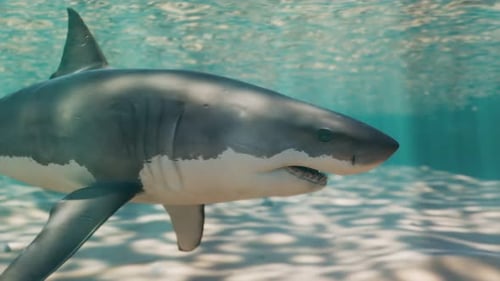 Seamless looping animation of a shark swimming in a beautiful shallow lagoon.