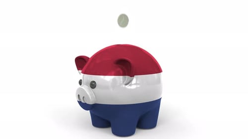 Coins Fall Into Piggy Bank Painted with Flag of Netherlands