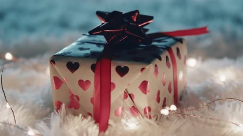 Gift with Hearts and Lights on Fluffy Rug