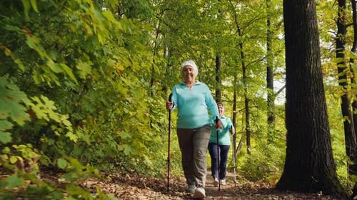 Senior Women Walking with Sticks in the Forest
