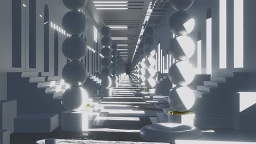 Modern Abstract Corridor With Moving Geometric Spheres