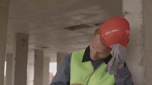 Tired Construction Worker Taking off Helmet
