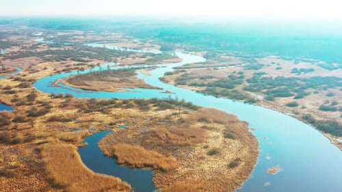 Aerial View Curved River In Early Spring Landscape