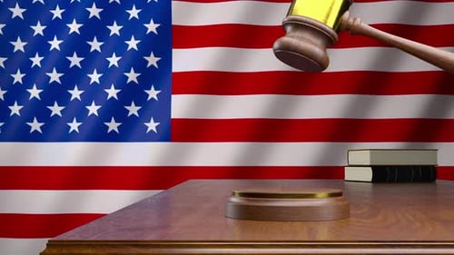 3d render Judge's gavel on the table in the courtroom