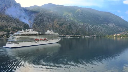 Cruise Liner Ship Swimming at Blue Adriatic Sea on Mountains Landscape Port of Kator Montenegro