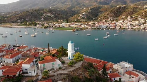 Aerial View of Poros Old Town and Marina or Seaport Greece Drone Videography