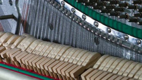 Piano Hammers Striking Strings Close Up