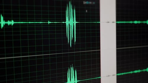 Audio wave post production correction process closeup 4k. Sound correct in software program