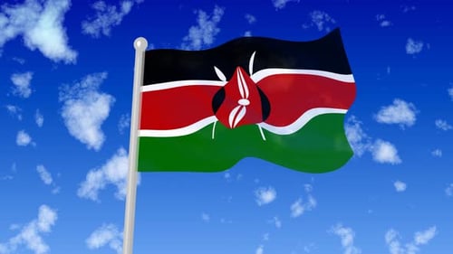 Waving Kenyan Flag Against Blue Sky with Clouds
