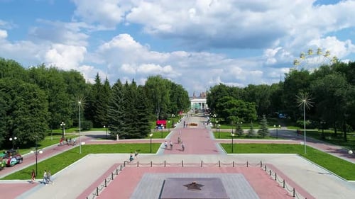 Town Square in the Park in Summer Cloudly Day - Drone Footage