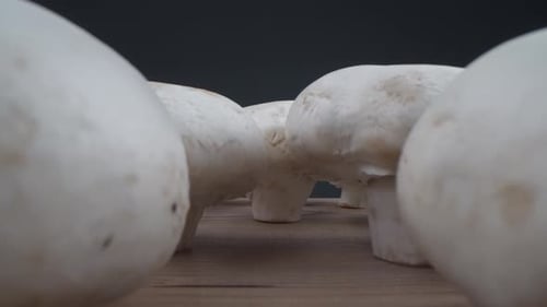 Close-Up of White Mushrooms on a Wood Surface