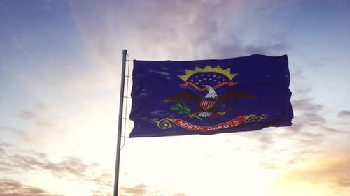 North Dakota State Flag Waving with Realistic Motion Against Sky