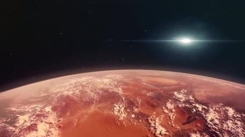 Cinematic Red Planet with Distant Sun Flare in Space