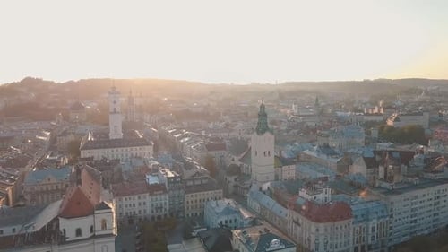 Aerial City Lviv, Ukraine. European City. Popular Areas of the City. Town Hall