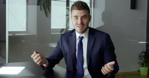 Webcam View Portrait of Business Man in Suit Talking on Online Video Chat Conference. Young