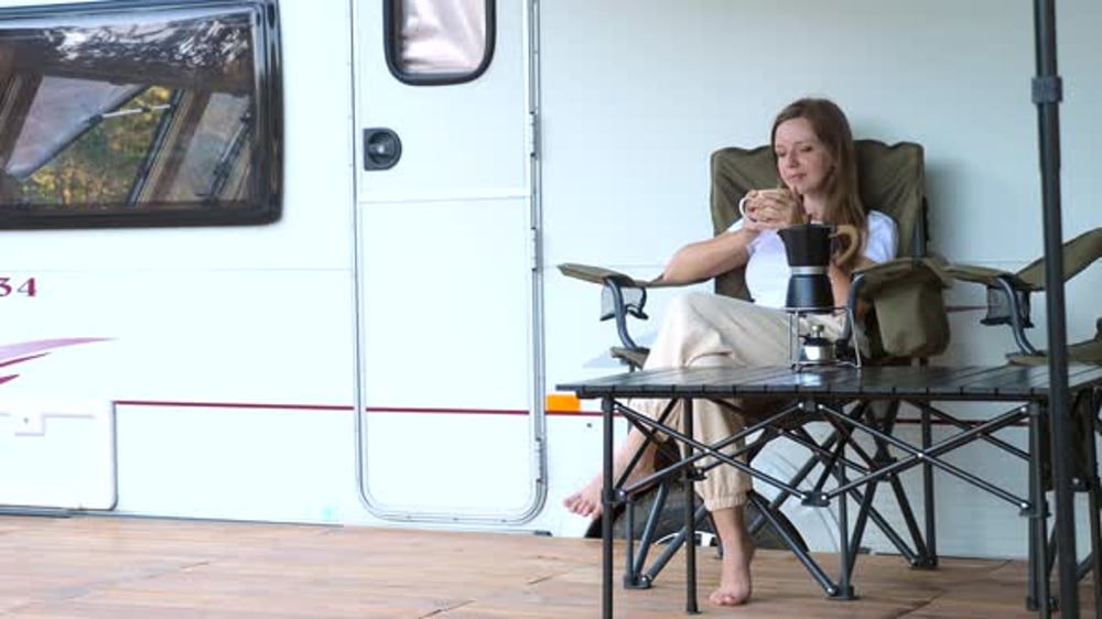 Woman Enjoying Morning Coffee Near Camper, Vehicles Stock Footage ft ...